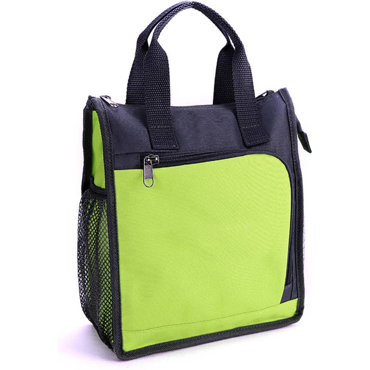 A compact carry bag in black and vibrant green with zip closure and a mesh side pocket. It features sturdy handles.
