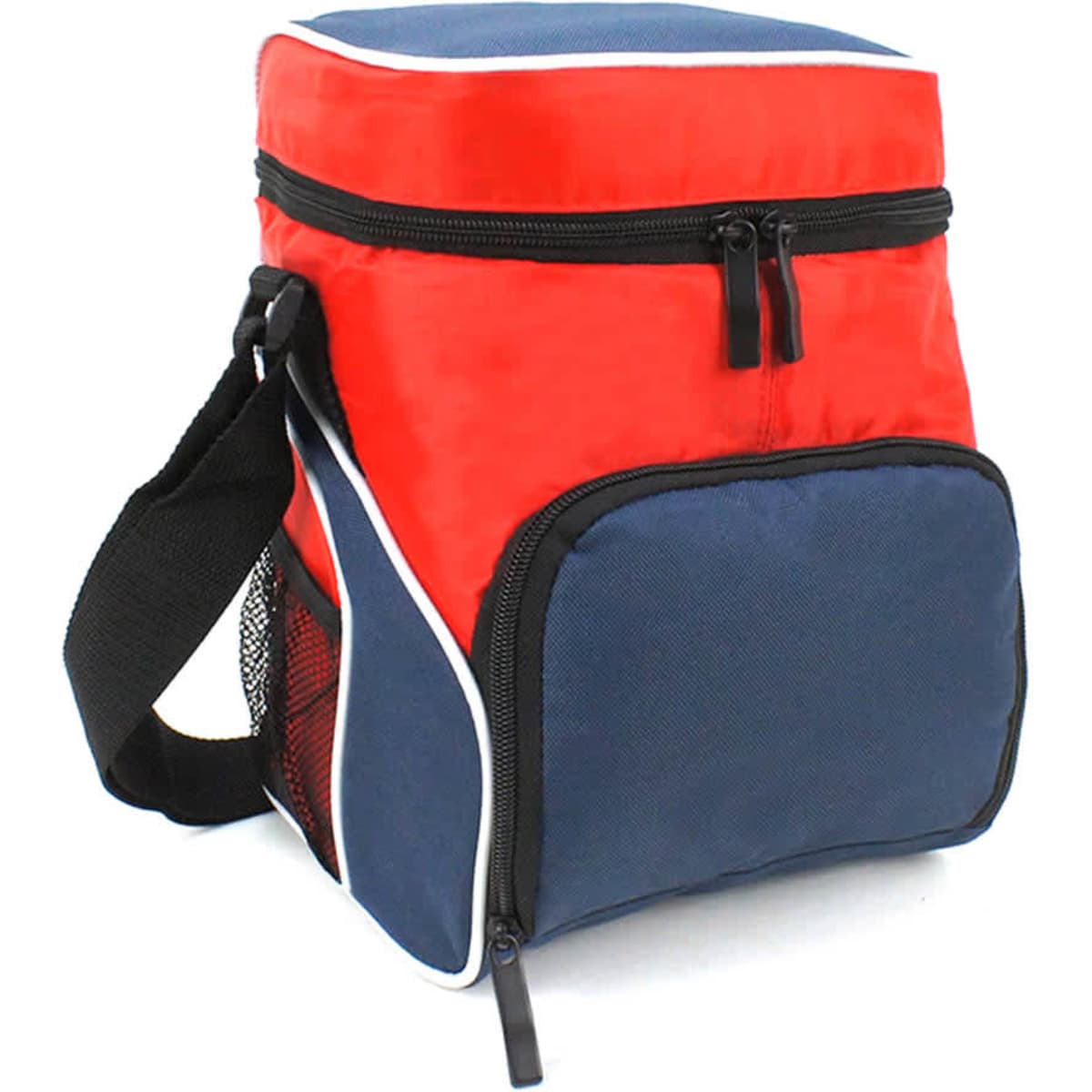 A red and navy cooler bag with a zippered top and side mesh pocket, featuring a shoulder strap.