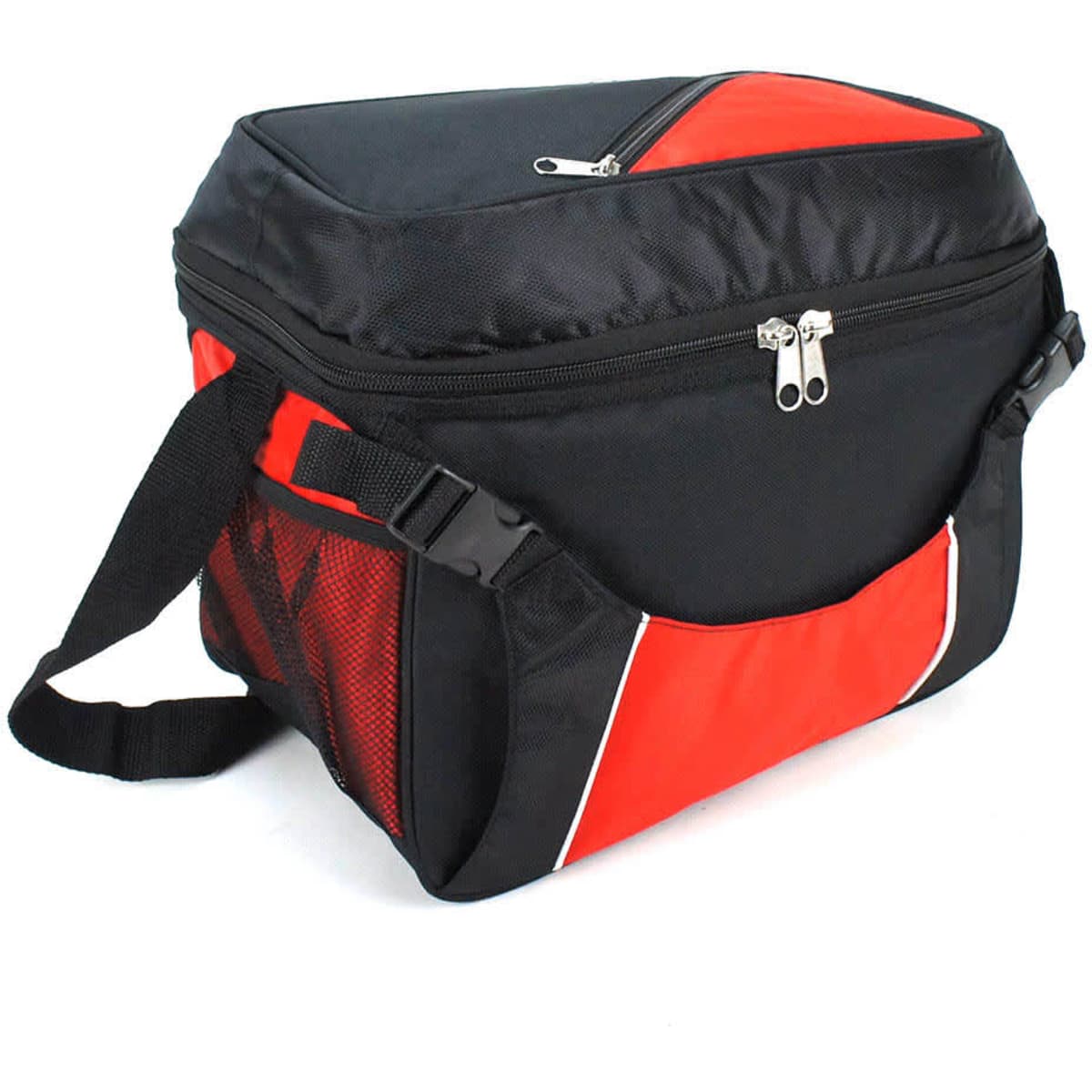 A black and red cooler bag with a zippered top, featuring a mesh side pocket and an adjustable strap.