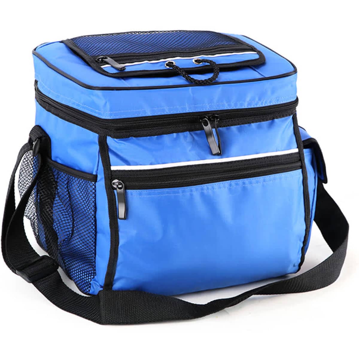 A blue cooler bag with zippered compartments and a mesh pocket, featuring an adjustable strap.