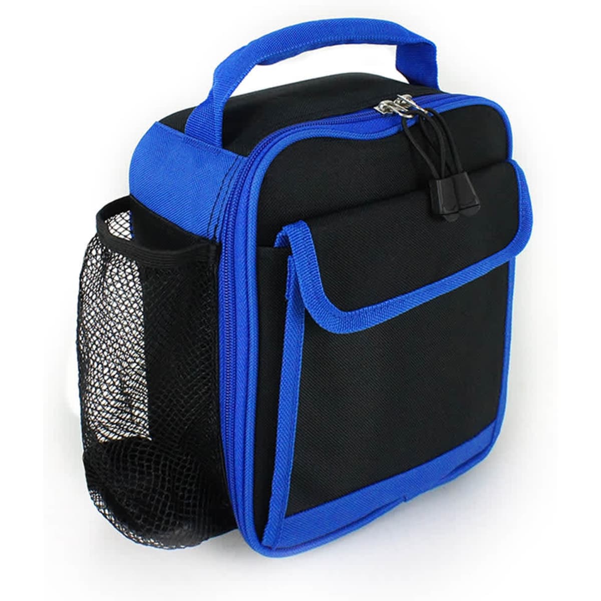 A black cooler bag with blue accents and a mesh side pocket, featuring a sturdy handle and zip closure.