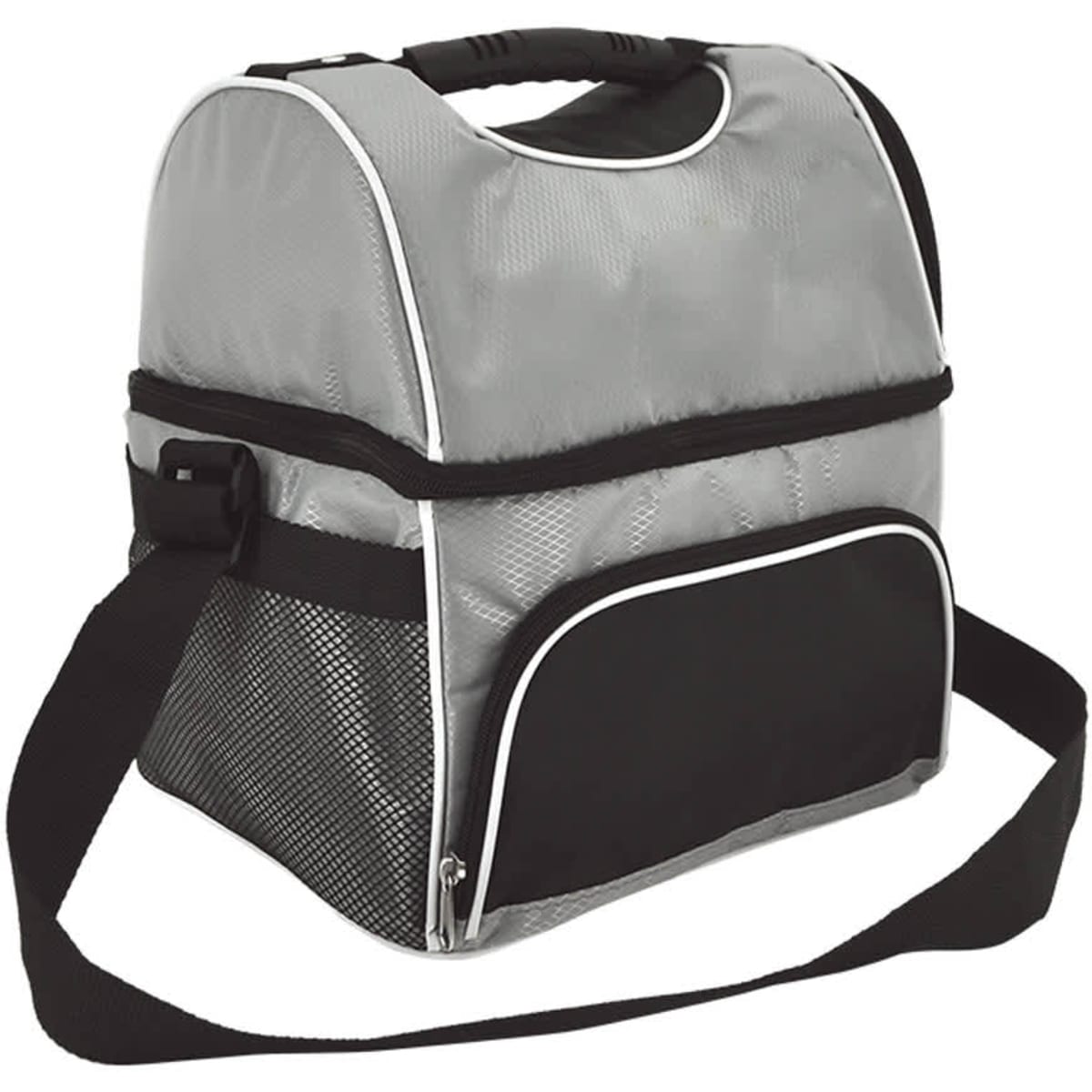 A grey cooler bag with a black accent and mesh side pocket, featuring a sturdy handle and adjustable strap.