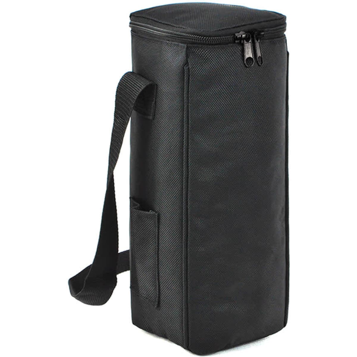 A black cooler bag with a zip closure and a shoulder strap, featuring one side pocket and a logo.