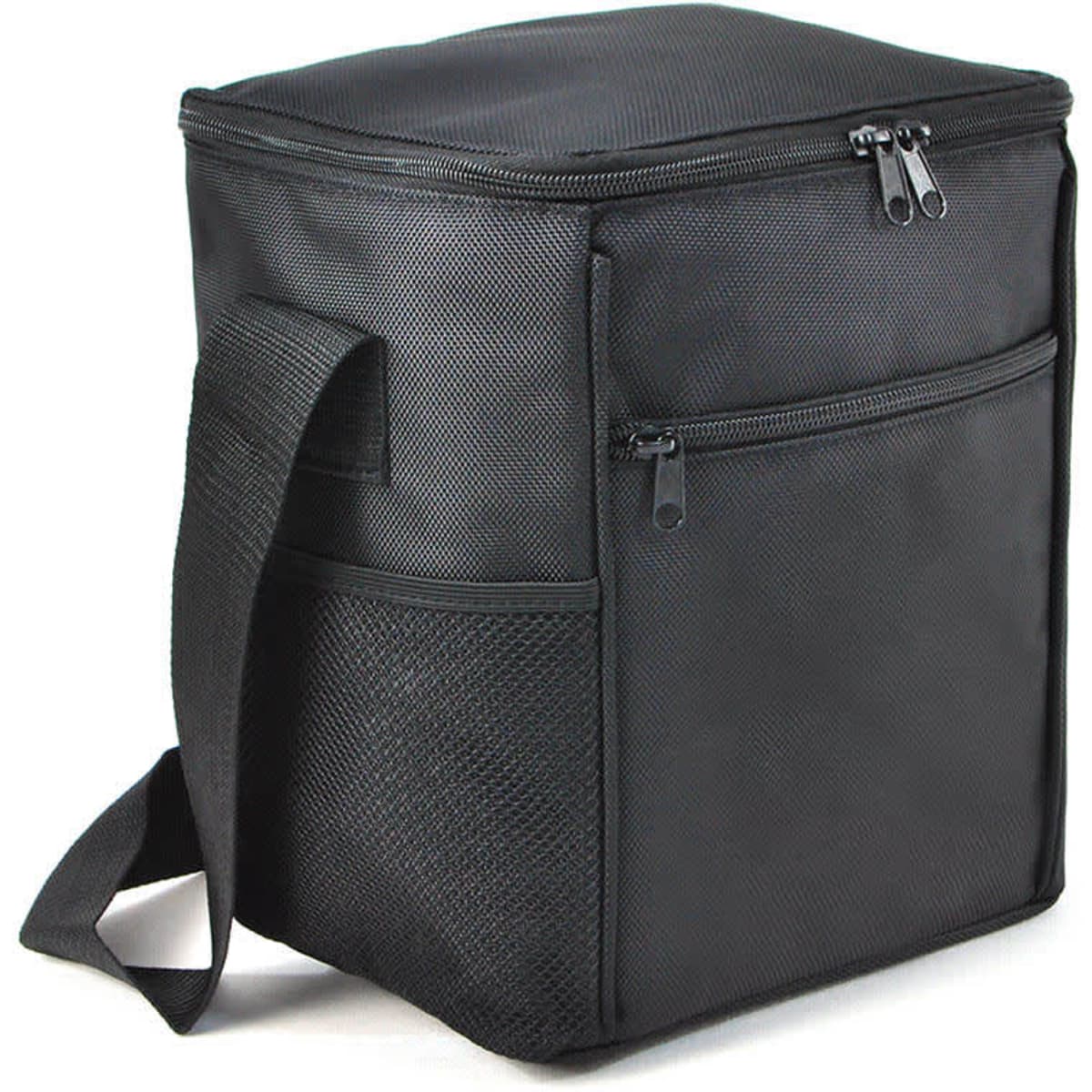 A black cooler bag featuring a zip closure, side pocket, and adjustable shoulder strap.