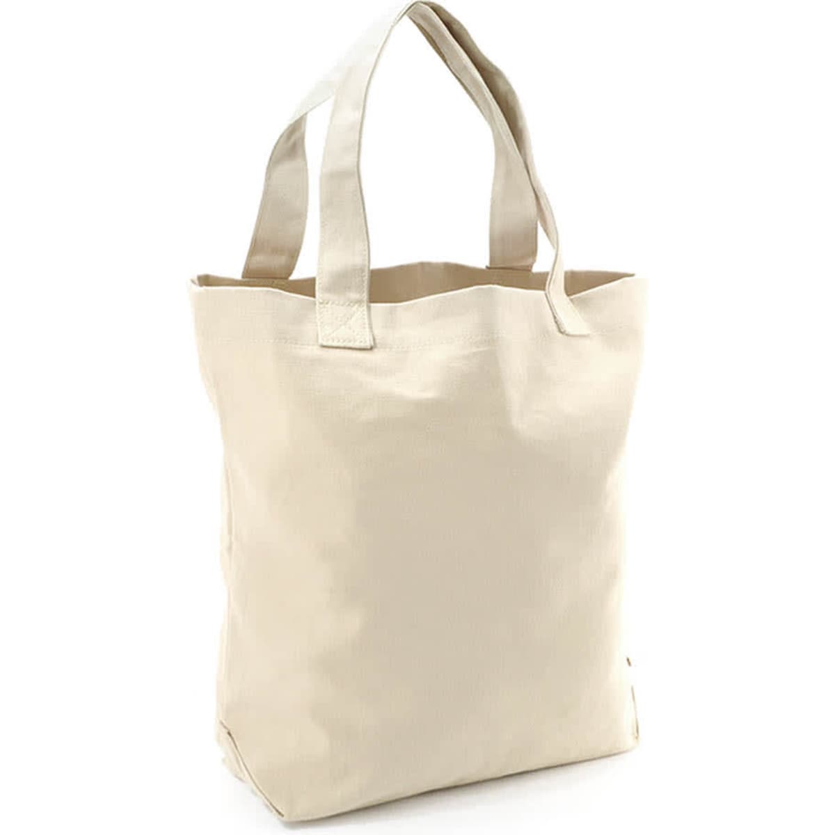 A light beige tote bag with two sturdy handles, featuring an unembellished design and a simple branding logo.