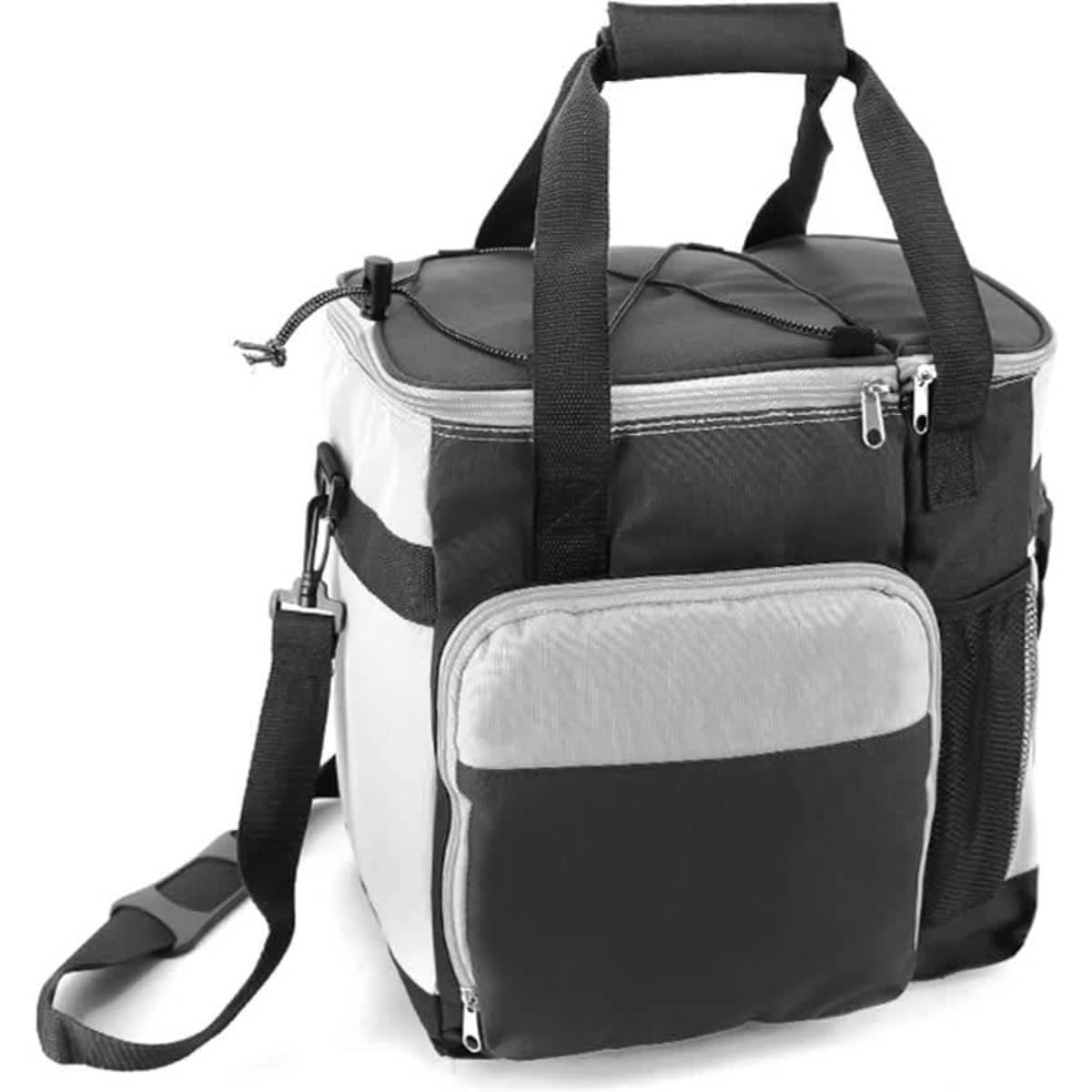 A cooler bag in grey and black with dual handles, a shoulder strap, and multiple zippered pockets. It has a logo.