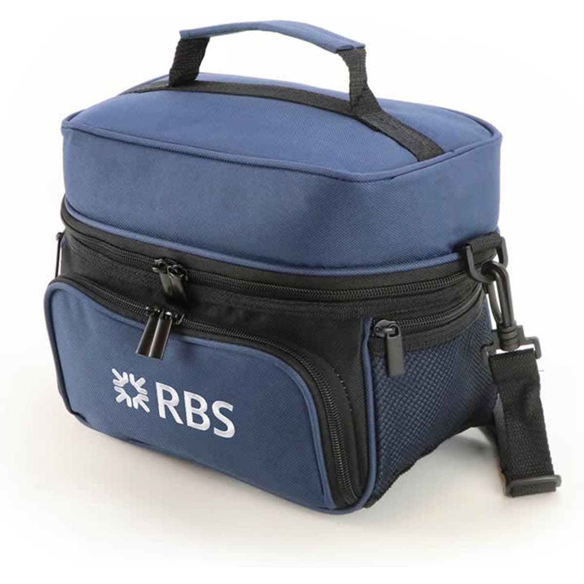 A navy cooler bag with a top handle and adjustable shoulder strap, featuring a zipped compartment and a logo.