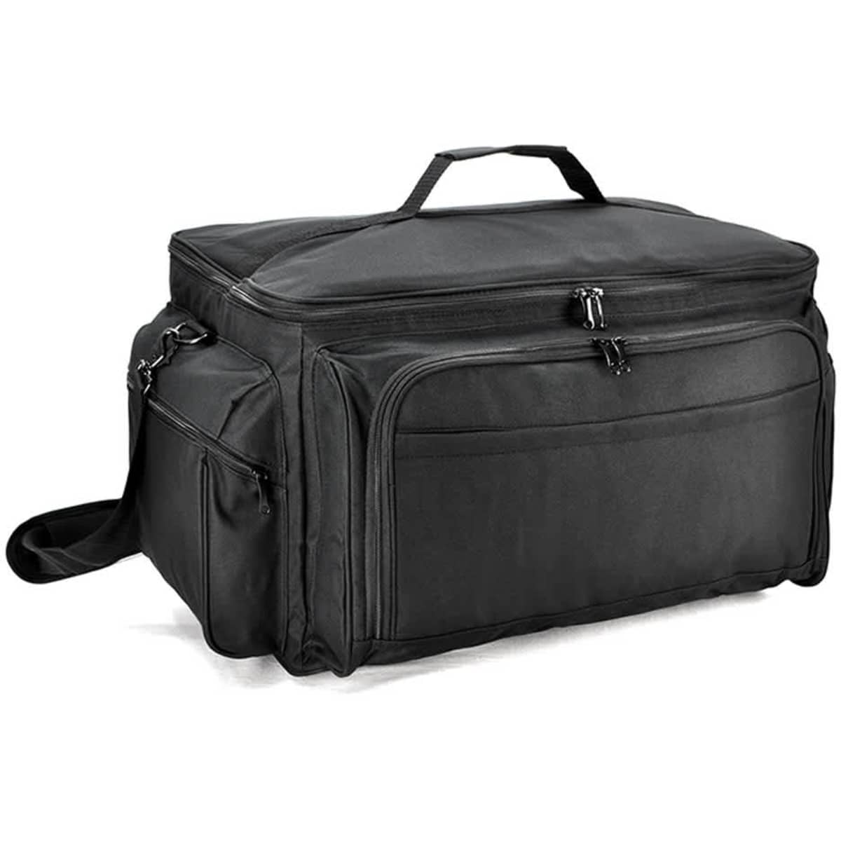 A black cooler bag with multiple compartments and a shoulder strap, featuring a sturdy handle and a logo.