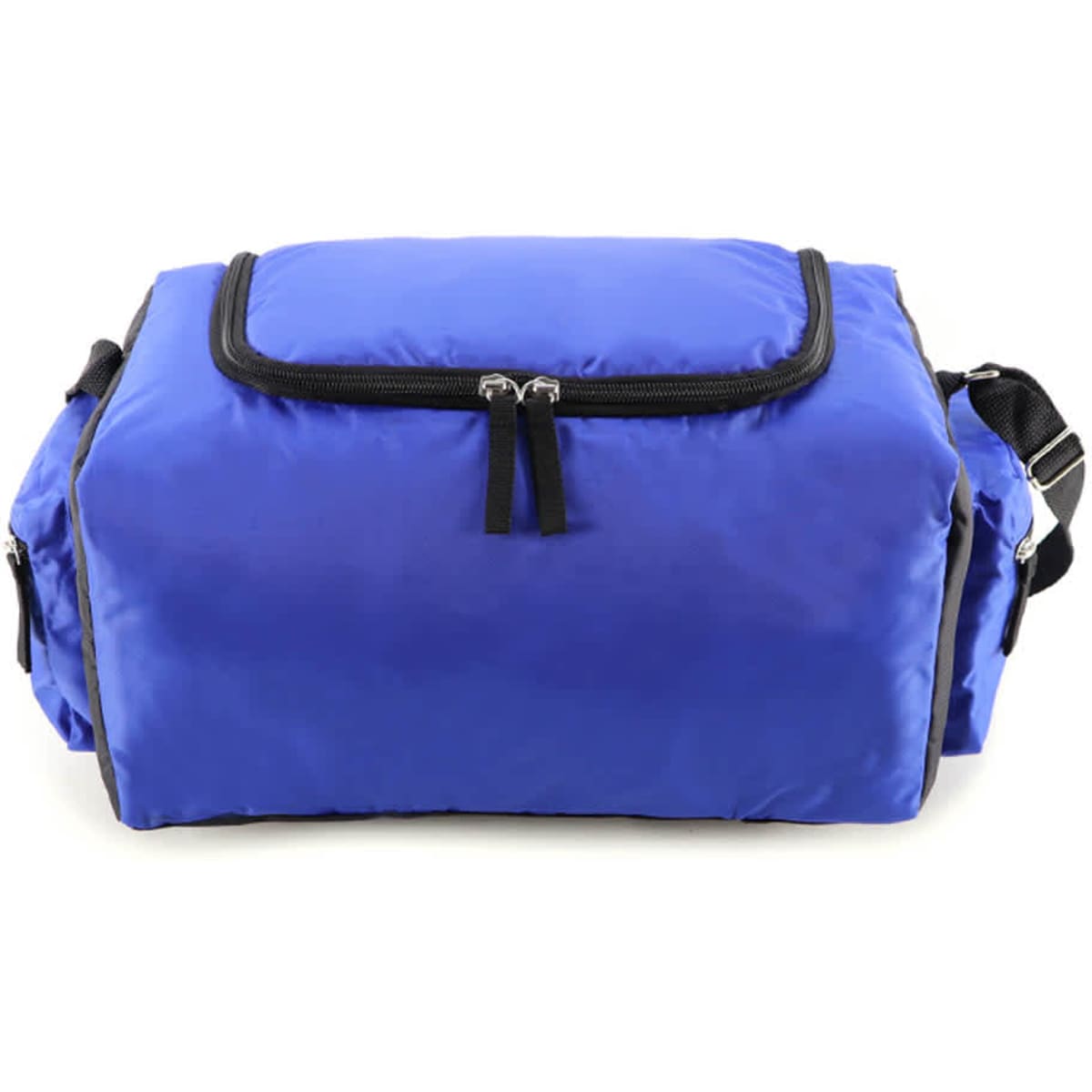 A large blue cooler bag with zip closure and handles, featuring side pockets and a logo.