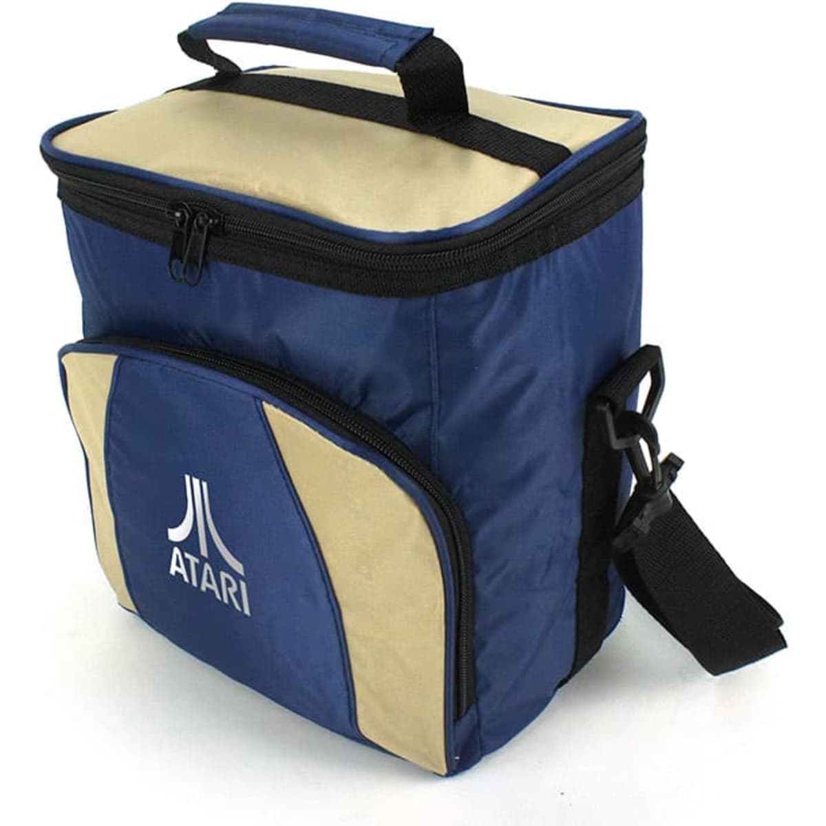 A navy blue and tan cooler bag with a zippered top, featuring a front pocket and a shoulder strap.