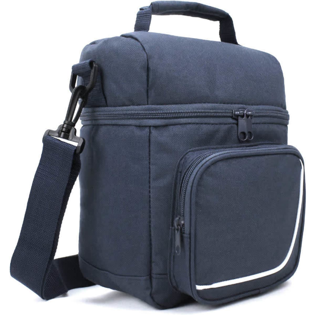 A navy blue cooler bag with a front pocket and an adjustable shoulder strap. It features a logo on the side.