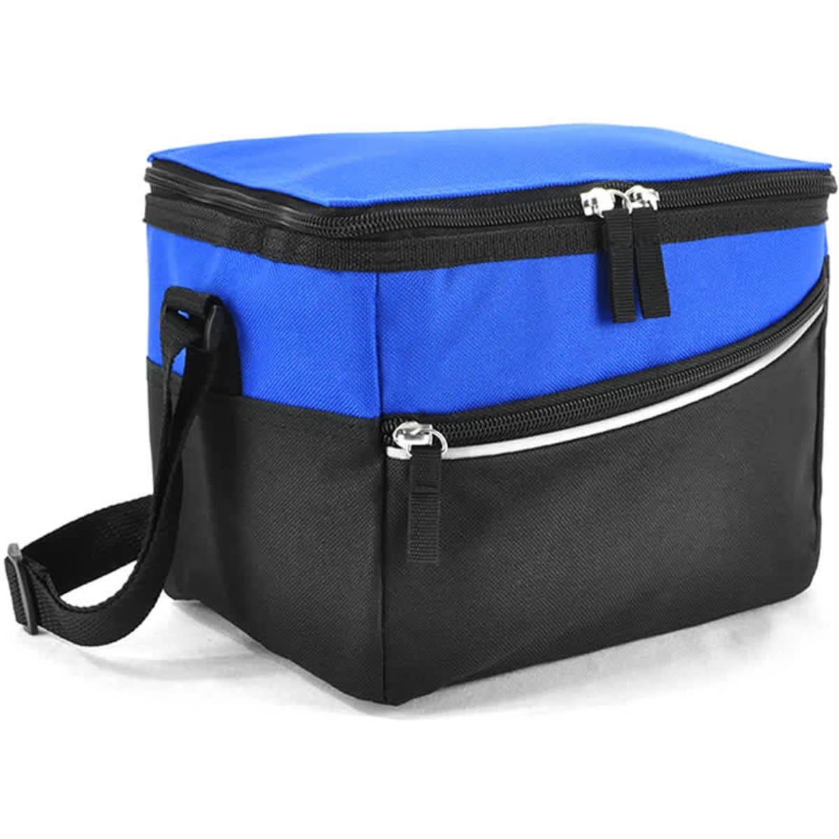 A blue and black cooler bag with a zippered main compartment and a front pocket, featuring a shoulder strap.