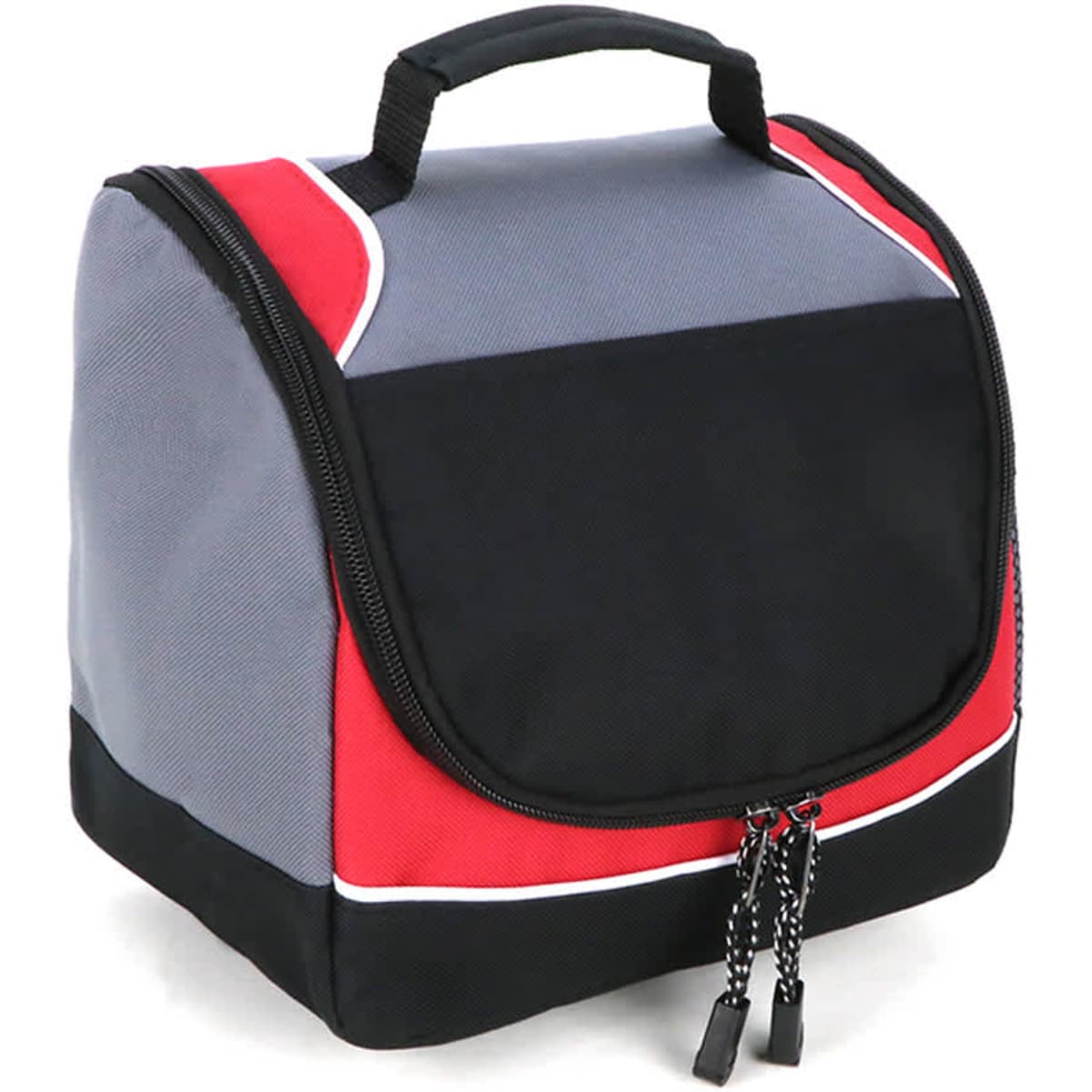 A red and grey cooler bag with a zip closure and a sturdy handle, featuring a logo on the front.