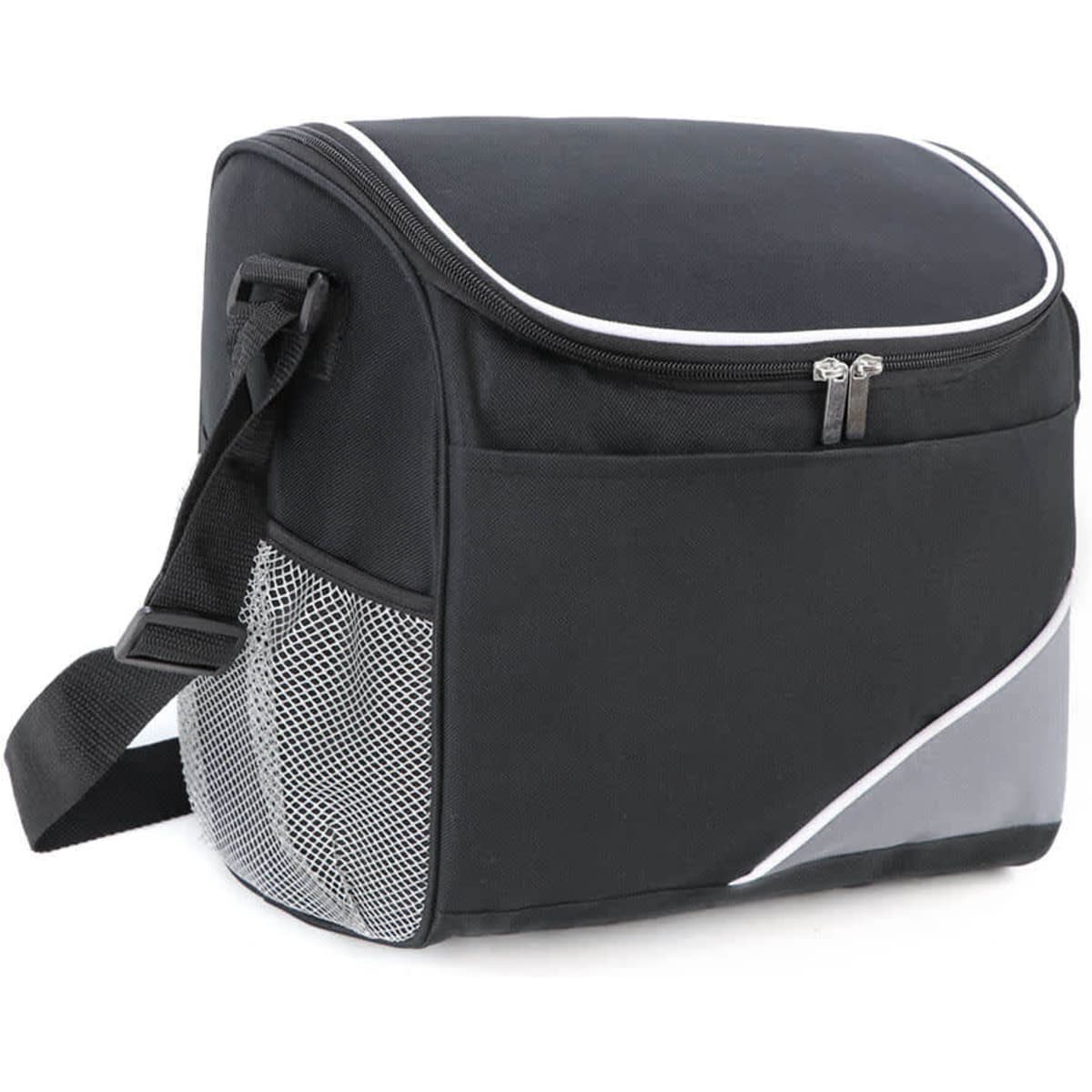 A black and grey cooler bag with a zipper, adjustable strap, and mesh pocket. It features a logo on the front.