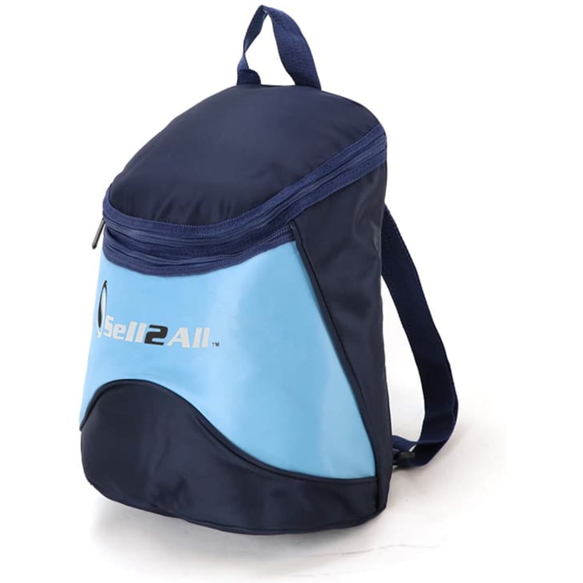 A navy and light blue cooler backpack with a logo, featuring a zipped compartment and adjustable straps.