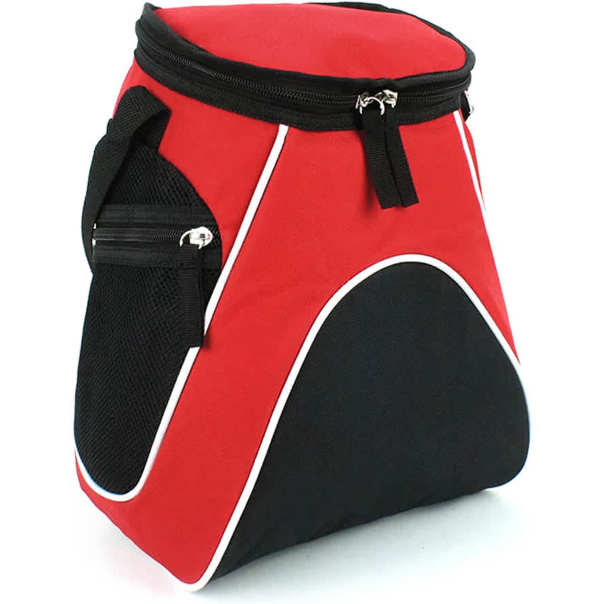 A large cooler bag in red and black with a zip closure and mesh pocket, featuring branding.