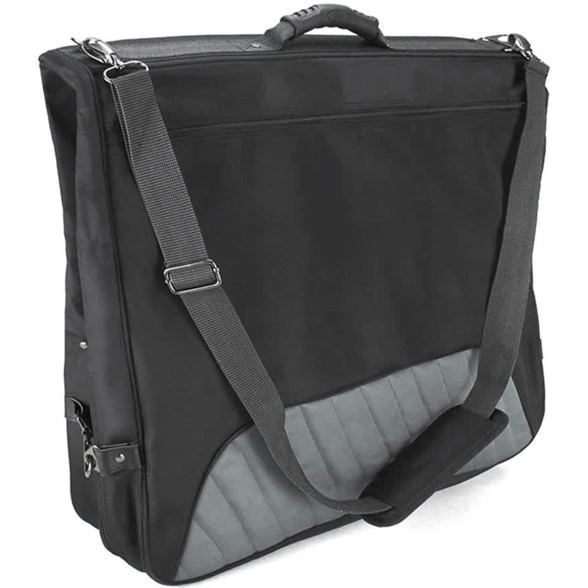 A black garment bag with a grey accent, featuring a shoulder strap and zippered compartments, includes a logo.