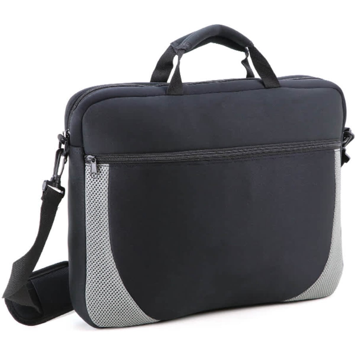 A black laptop shoulder bag with grey accents, featuring a handle and adjustable strap. It has a zipper pocket on the front.