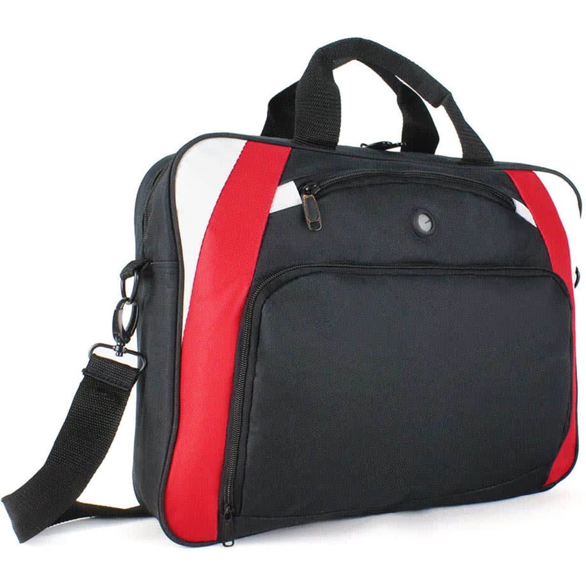 A black laptop bag with red accents, featuring a front pocket and a detachable shoulder strap. It has a logo.