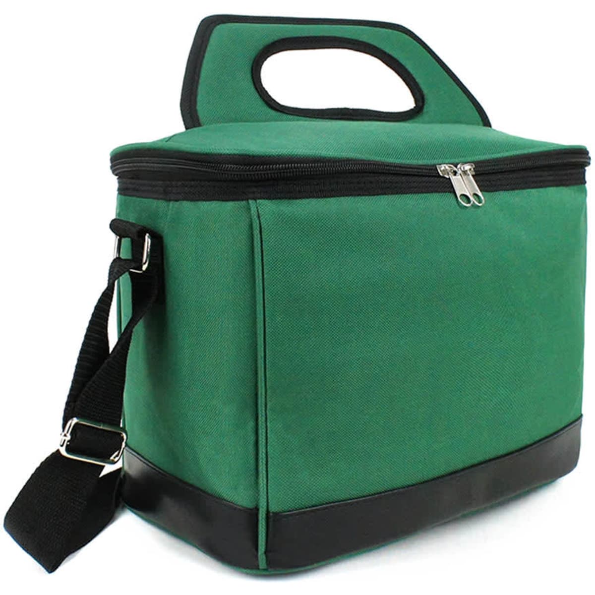 A green cooler bag with a zippered top, handle, and adjustable shoulder strap. It has a black base and a logo on the side.