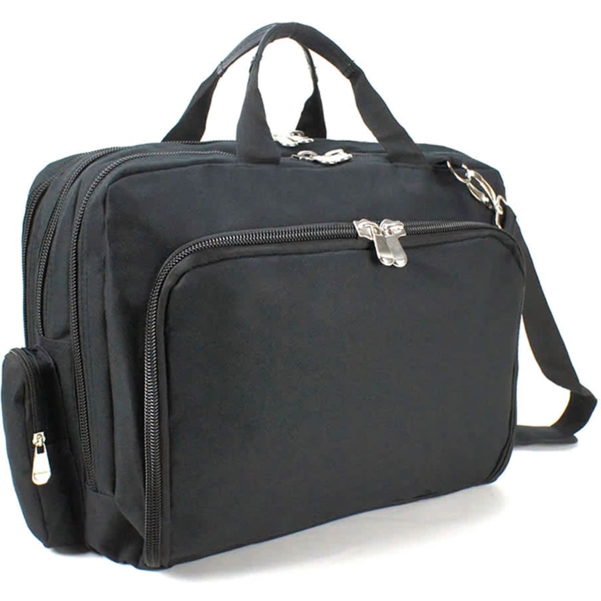 A black conference bag featuring multiple zippered compartments and a shoulder strap, with one side pocket.