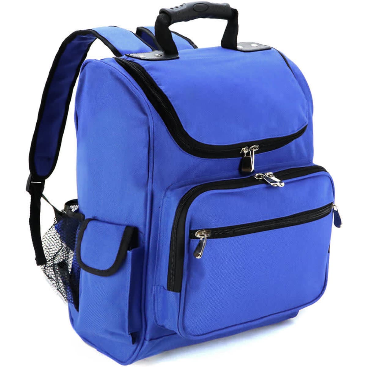 A blue deluxe business backpack featuring multiple pockets, a mesh side pocket, and a sturdy handle.