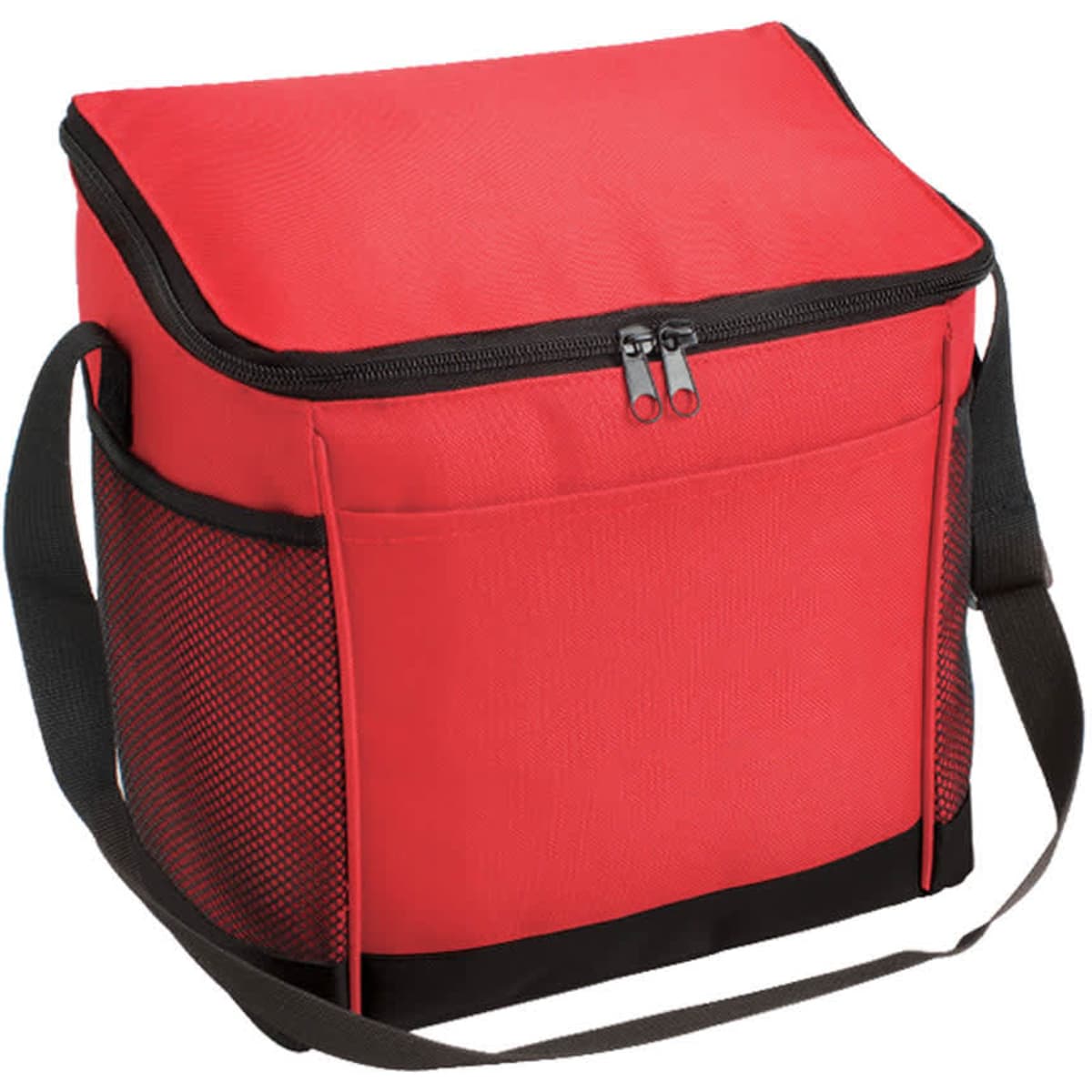 A red cooler bag with a zippered top and a black base, featuring a side mesh pocket and an adjustable strap.