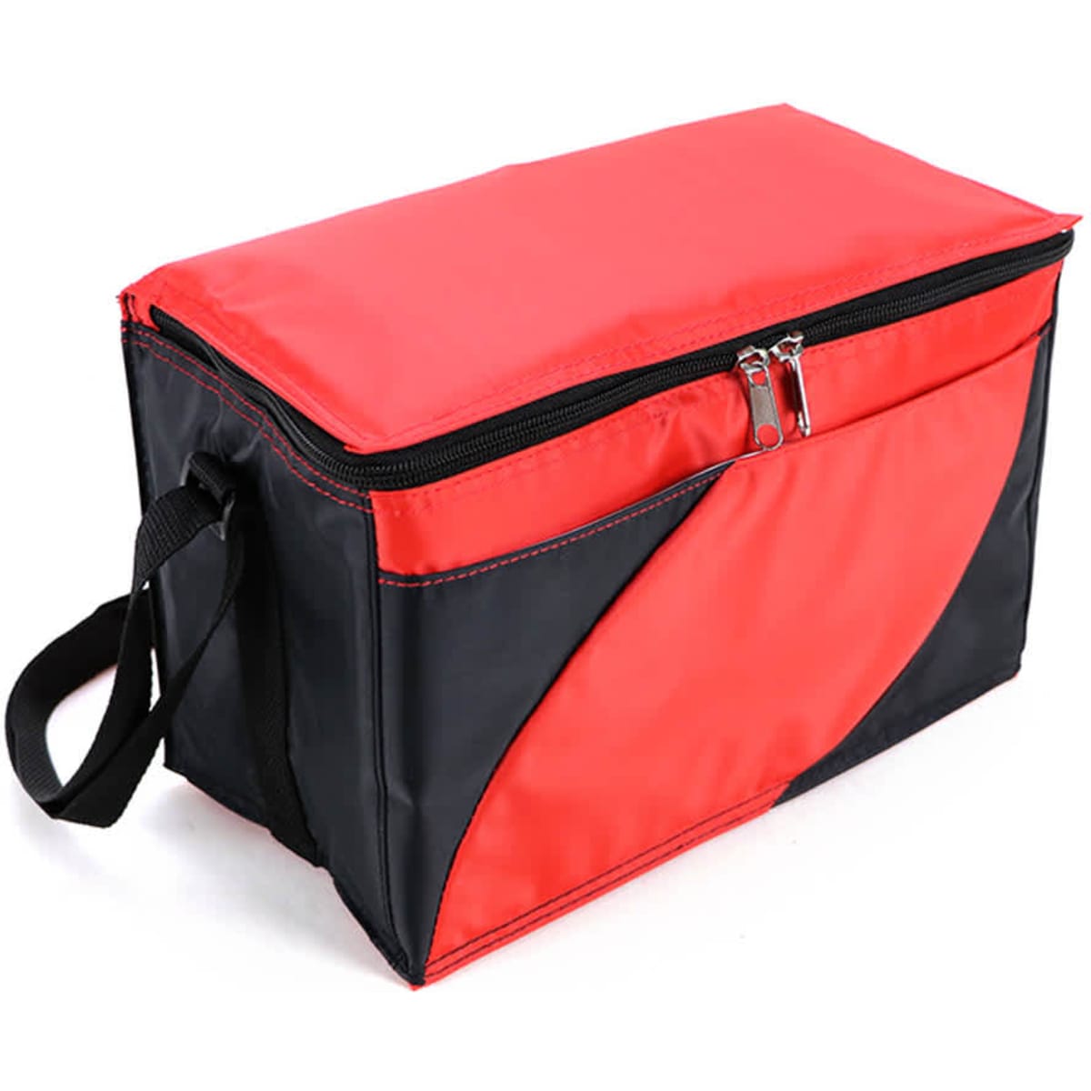 A red and black cooler bag with a zippered top and a side handle, featuring a logo on the front.