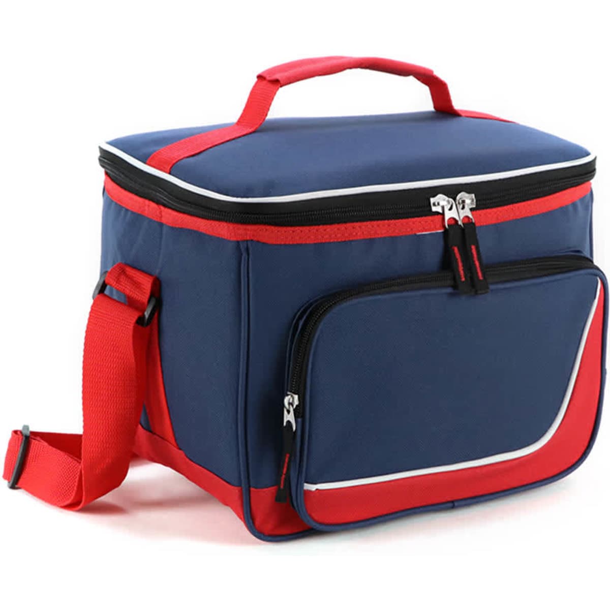 A navy blue and red cooler bag with a zippered top, a front pocket, and a detachable shoulder strap. It has a logo.