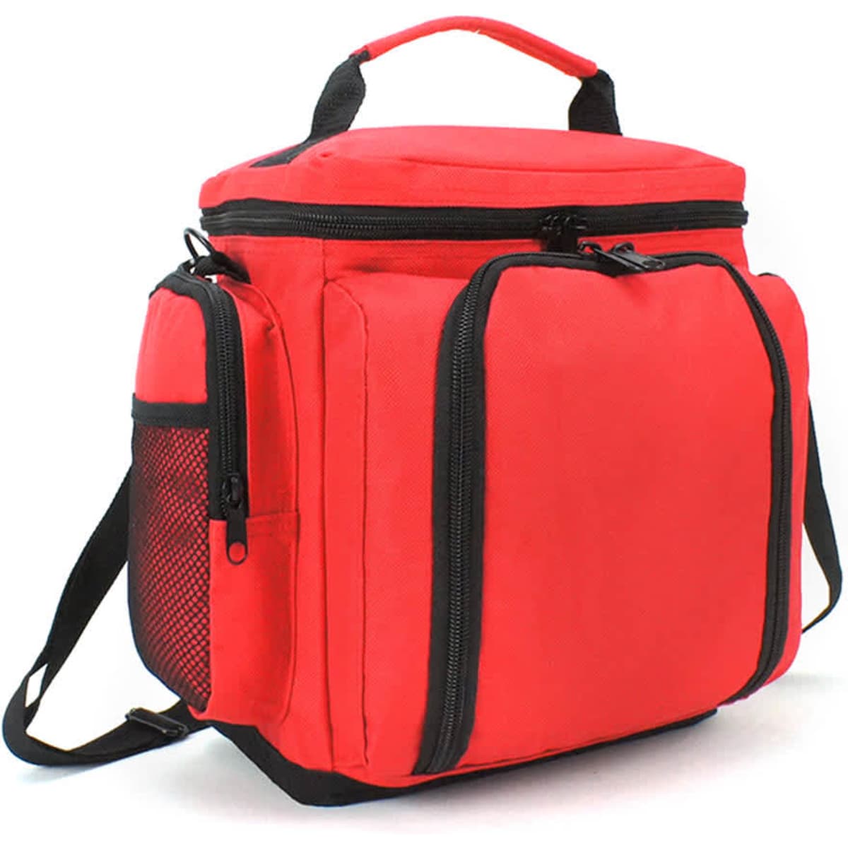 A red cooler bag with black accents, featuring multiple zippers and a detachable shoulder strap. It has a logo on the front.