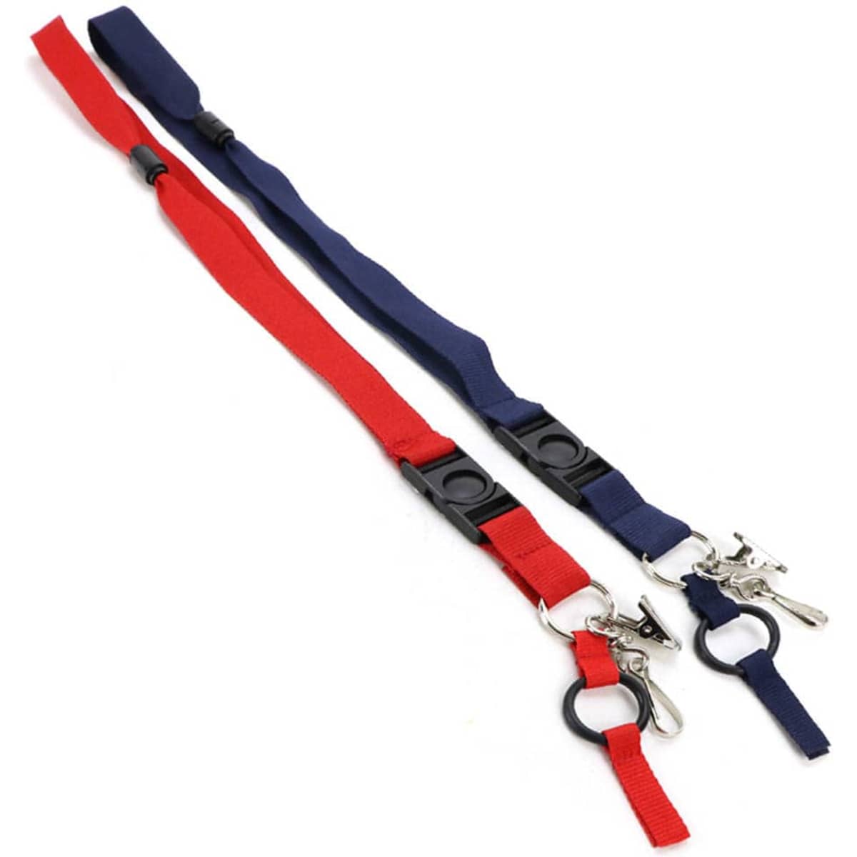 Pair of detachable lanyards in red and navy blue with metal clips and adjustable features.