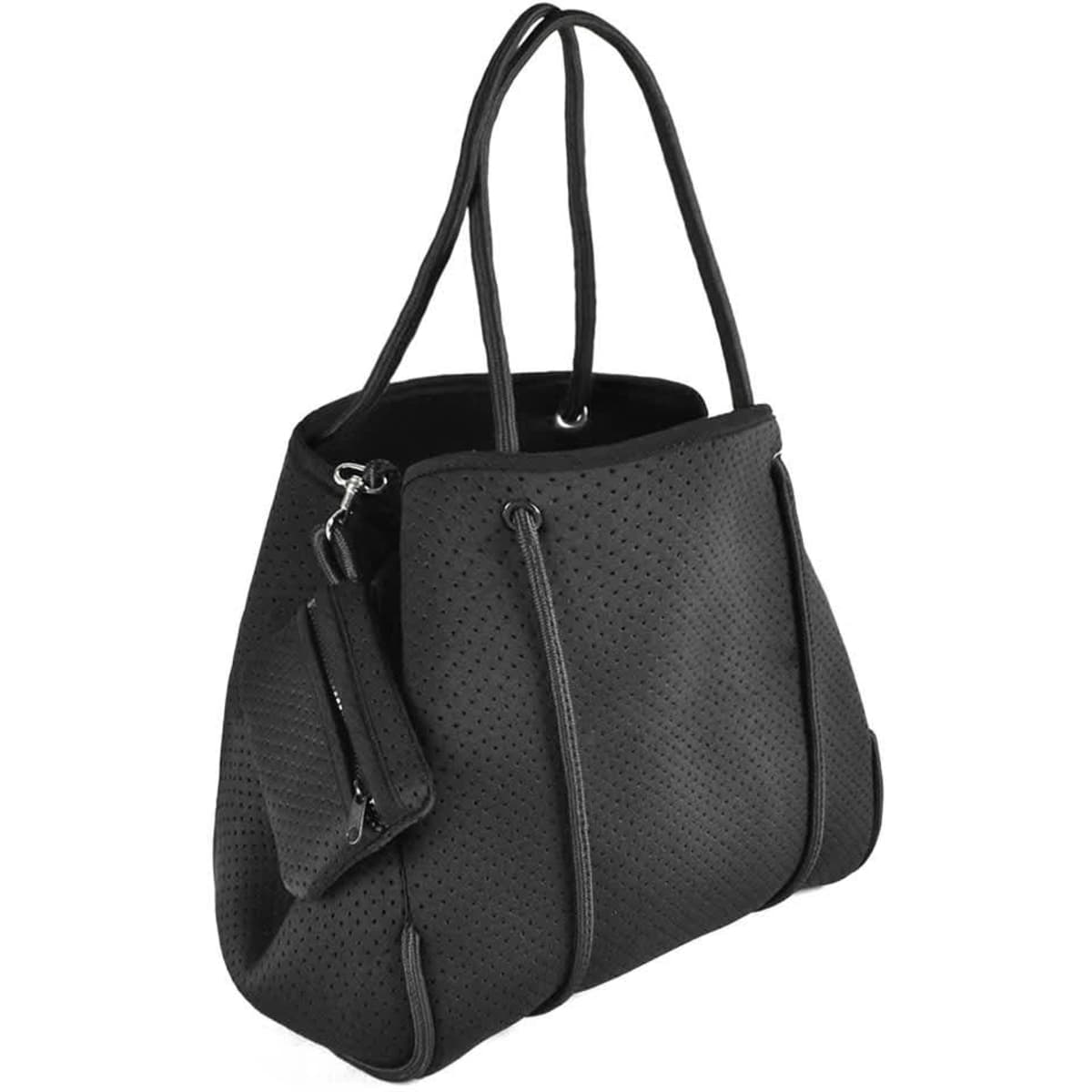 A black tote bag with perforated detailing and long handles, featuring a detachable zipped pouch.