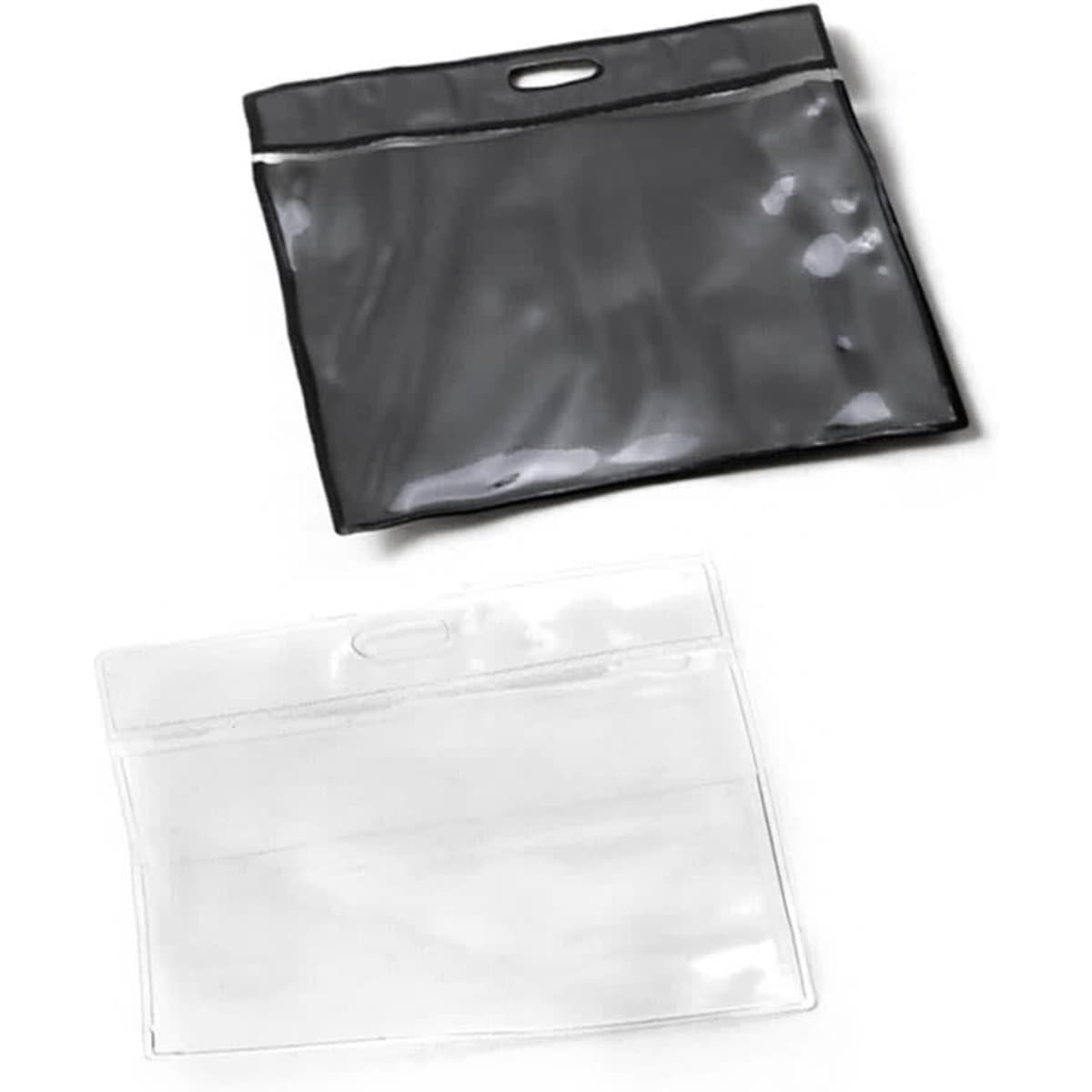 Two vinyl card holders, one clear and one black, featuring a top opening and a hanging hole.