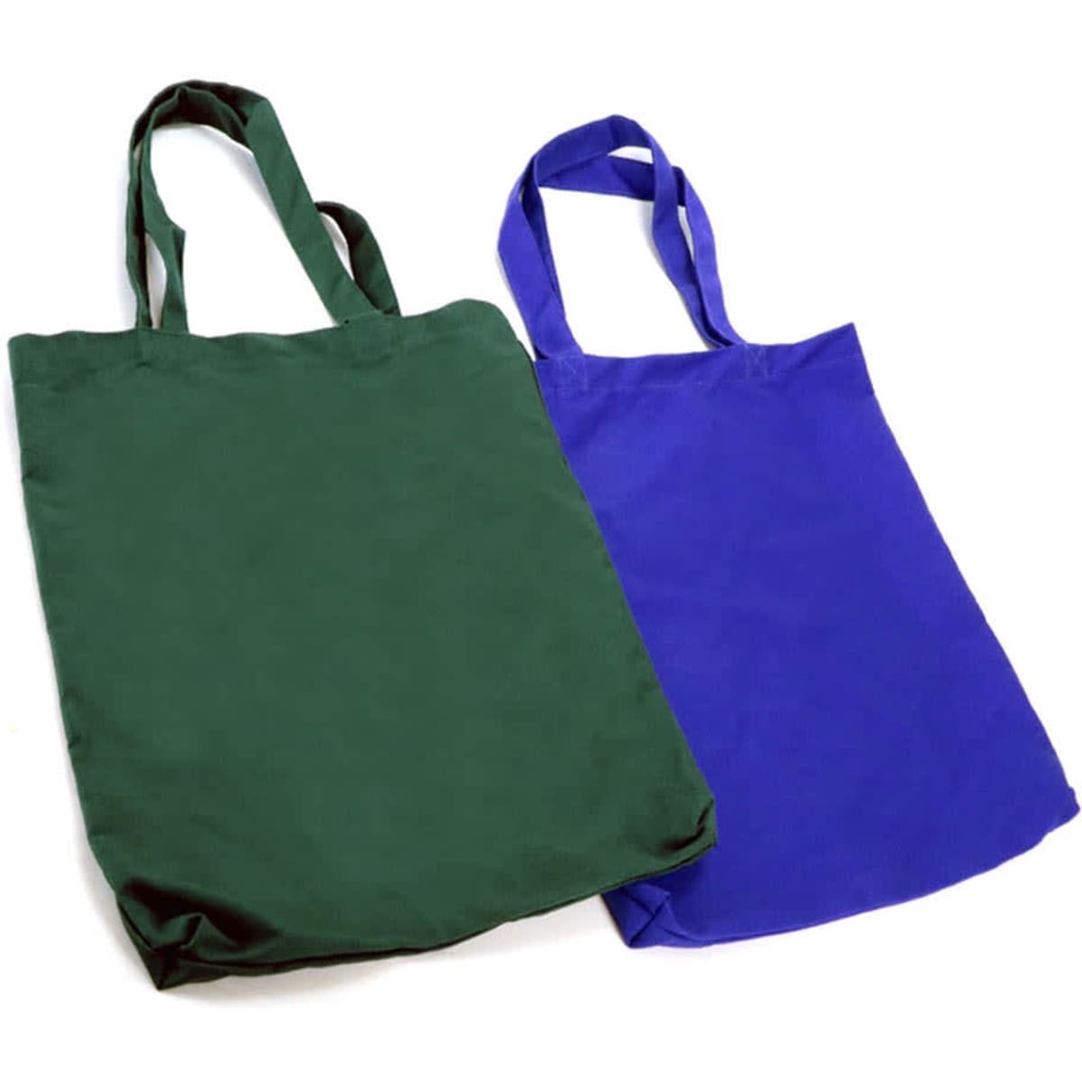 Two canvas tote bags, one in dark green and the other in vibrant blue, both featuring sturdy shoulder straps.