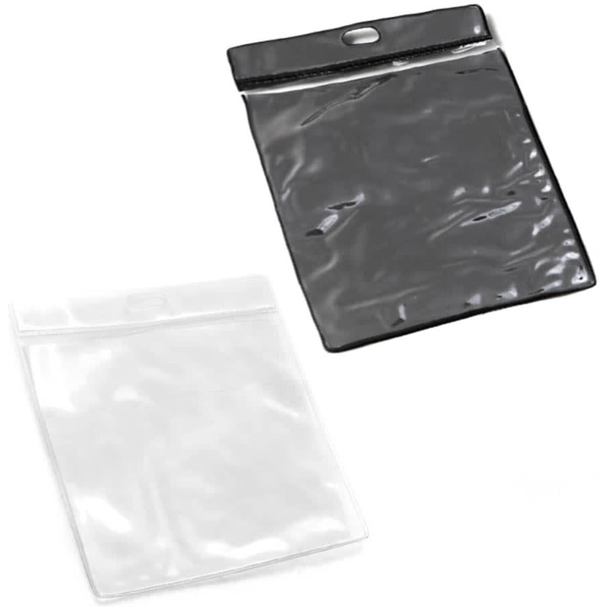 Two vinyl card holders, one clear and one black, designed for displaying badges or identification at events.