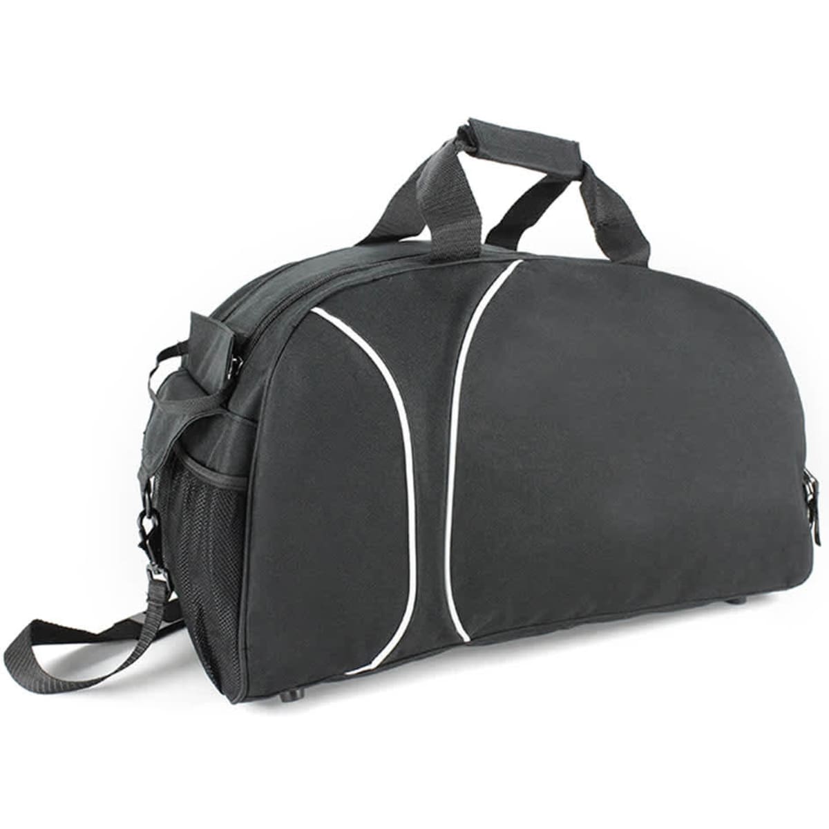 A black duffle bag with white accents, featuring a shoulder strap and dual handles, also includes a logo.