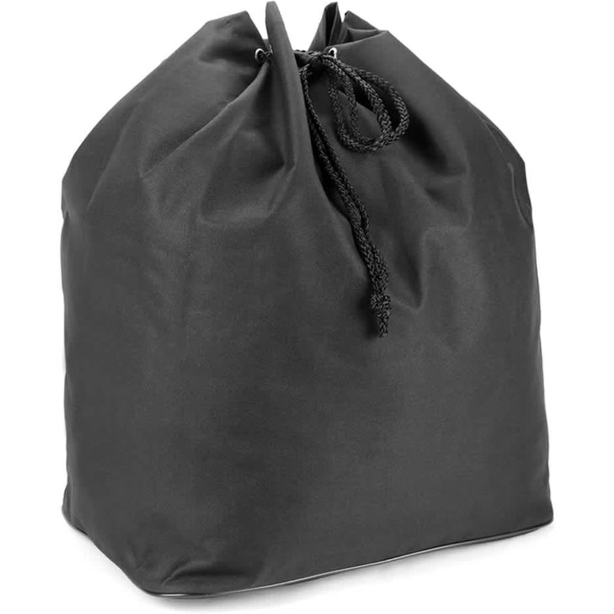 A black drawstring bag with a gathered opening and a cord. The bag features a simple, solid design.