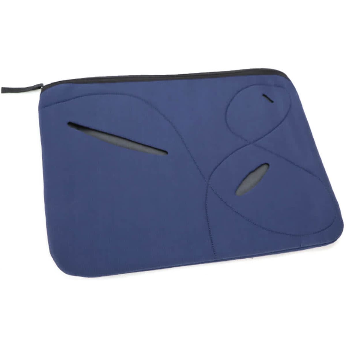 A navy blue laptop sleeve with unique cut-out designs and a zip closure, featuring a logo.