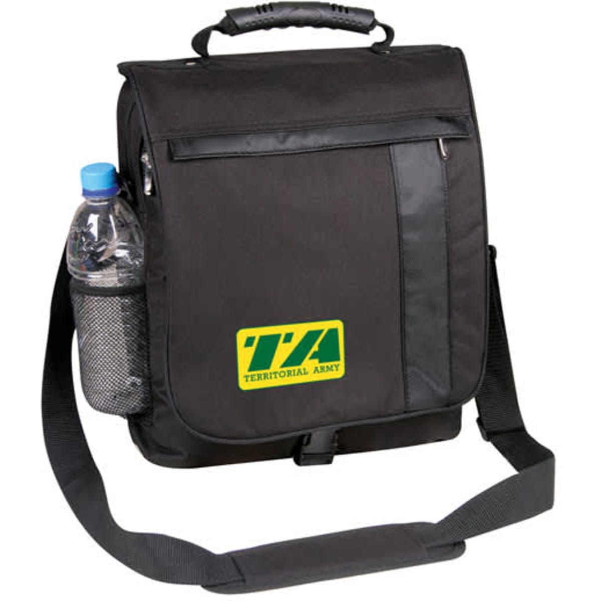 A black shoulder bag with a handle, featuring a front flap and a side pocket for a drink bottle. It has a logo.
