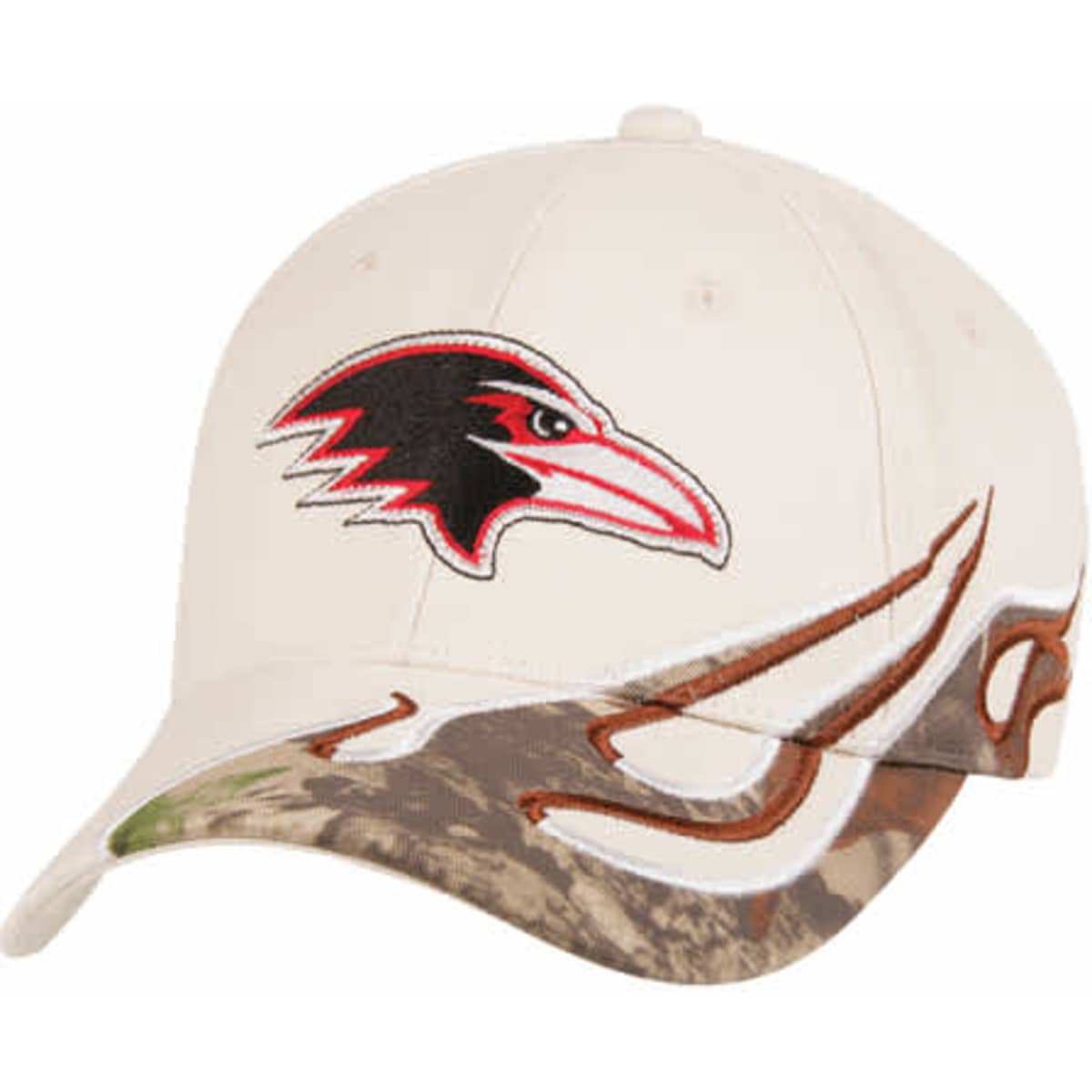 A cream cap featuring a red and black bird logo, with a camouflage patterned brim.
