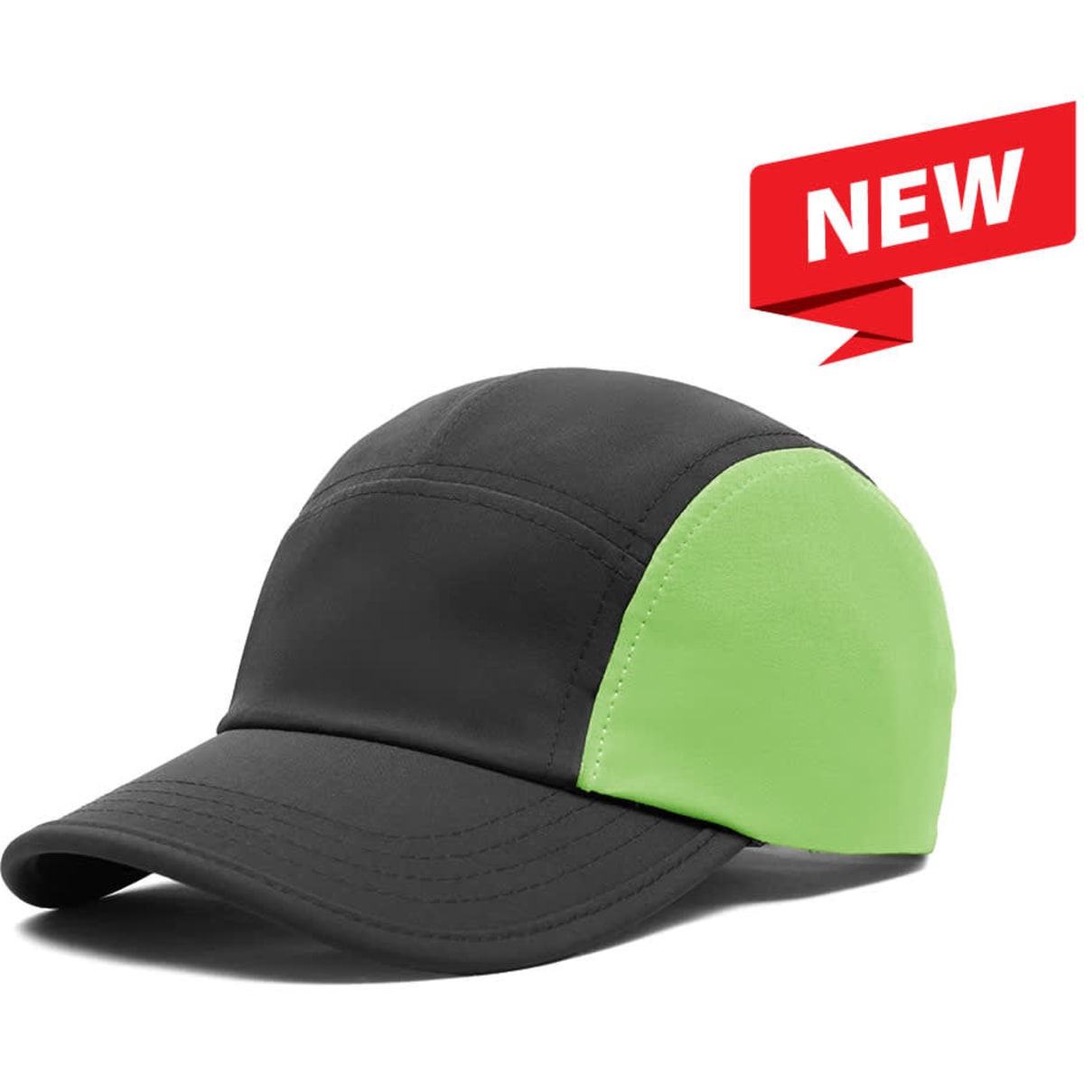 A 6-panel cap featuring a black design with a bright green side portion. It has a logo on the front.