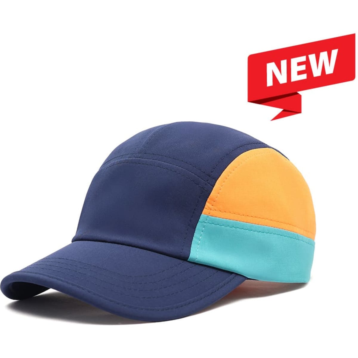 A blue, orange, and teal 8-panel cap with a curved peak and a logo.