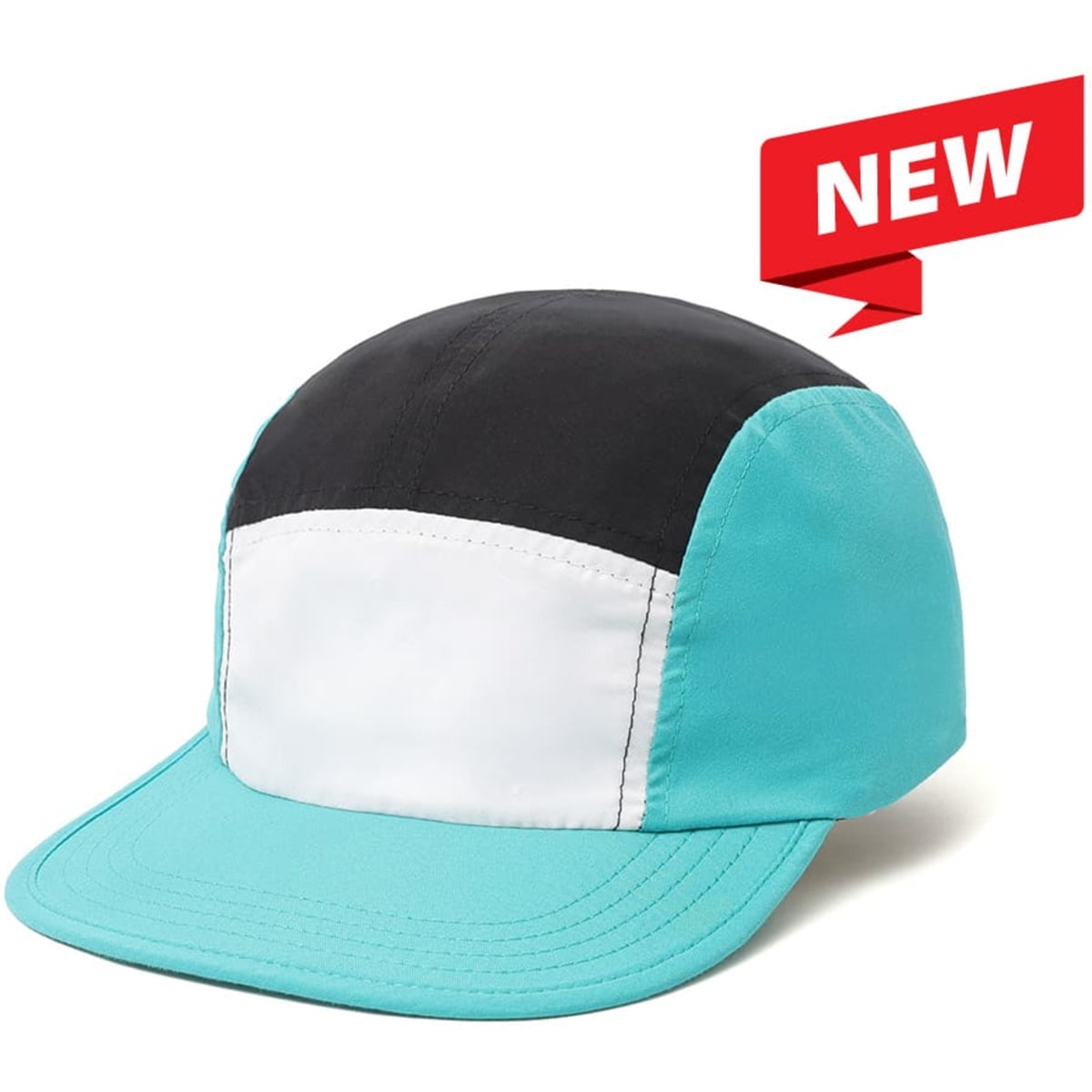 A 6-panel cap in turquoise, black, and white with a branded logo on the front.