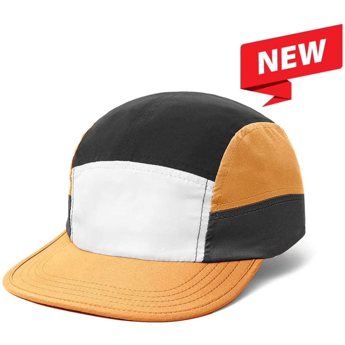 A cap with an 8-panel design in black, orange, and white, featuring a logo.