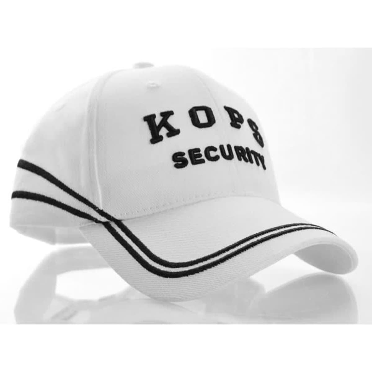 A white cap with black stitching, featuring the text "KOPS SECURITY" and a logo.