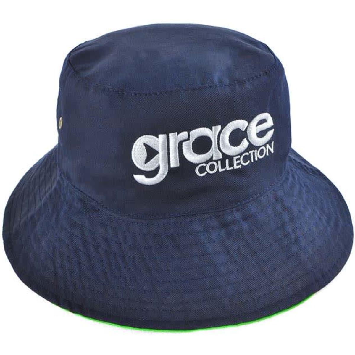 A reversible bucket hat in navy blue with a green underside and a logo on the front.