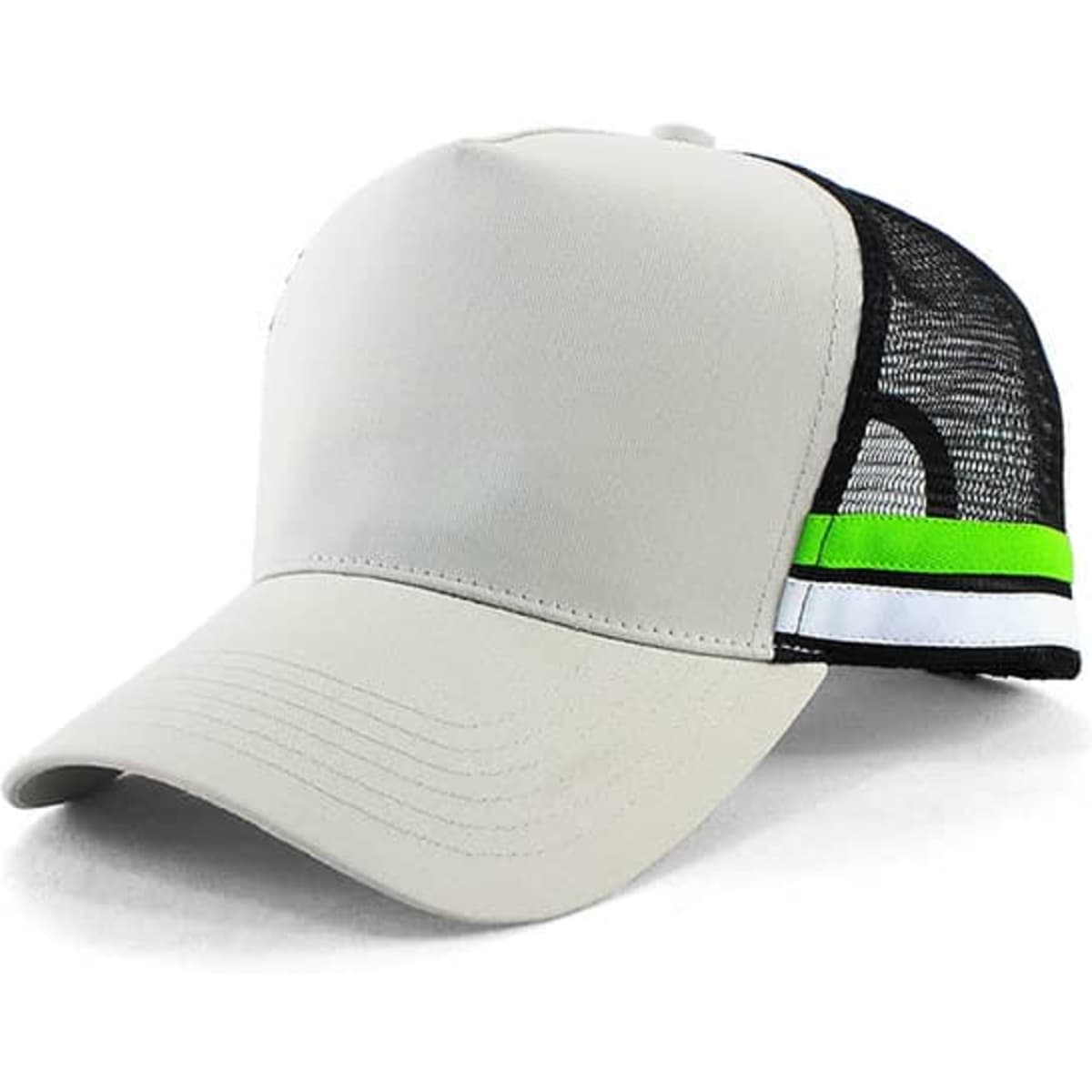 A grey and black trucker cap featuring a mesh back and a green and white stripe detail. It has a logo as well.