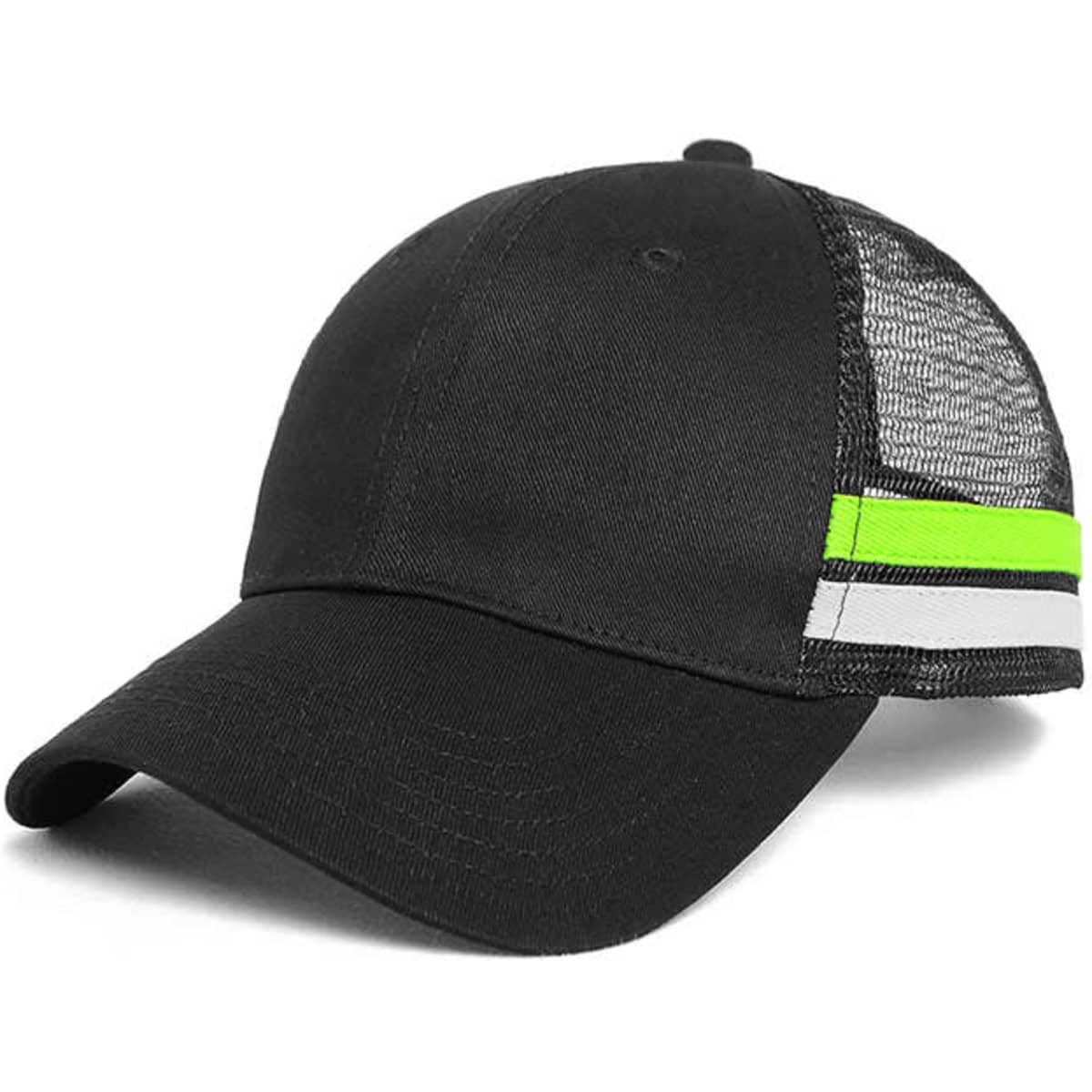 A black Northern Trucker Cap with mesh panels and neon green and grey stripes. It features a logo on the front.