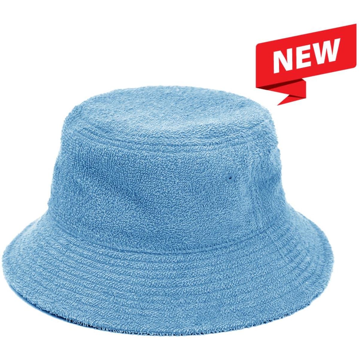 A light blue terry towelling bucket hat with a wide brim and a logo.