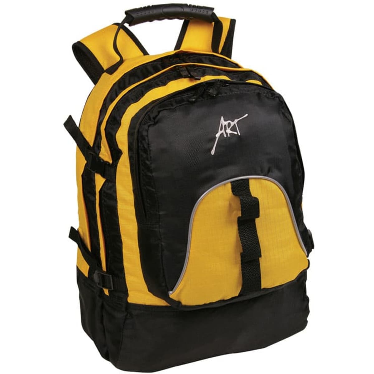 A yellow and black Horizon Backpack with multiple compartments and a logo on the front.